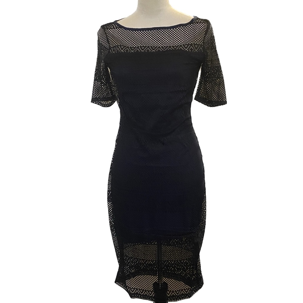 Three Dots Black Lace Overlay On Dark Blue - Size S - NWOT